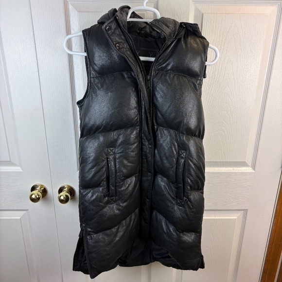 Bod & Christensen Leather Full Zip Hooded Puffer Vest Black - Picture 1 of 5